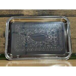 Silver Tone Serving Tray Beaded Edge 11”x8” Rectangular Party Wedding